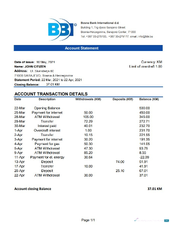 Download Bosnia and Herzegovina Bosna bank International bank statement excel Photoshop template